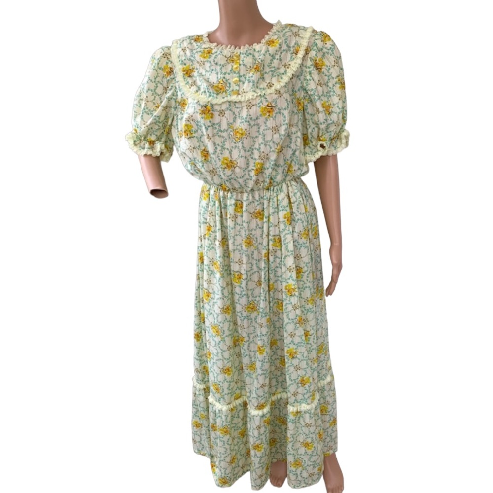 70s Yellow Floral Cottagecore Maxi Dress Country Western Vintage Reenactment M L